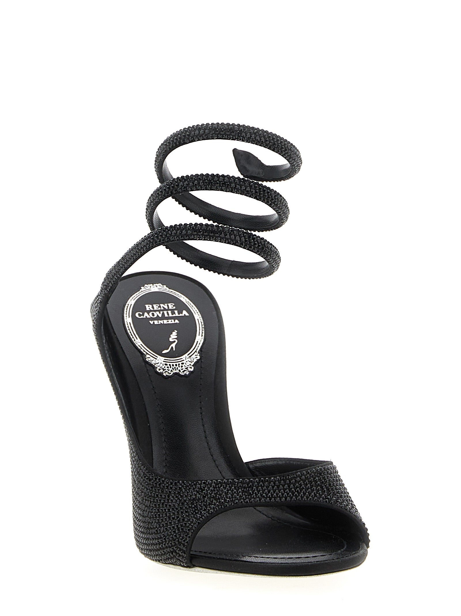 Stiletto Sandals by RENE CAOVILLA for women in satin & rhinestone black & signature features an statuesque Audrey Women's Satin & Rhinestone Stiletto Sandals silhouette with a refined stiletto and elegant .