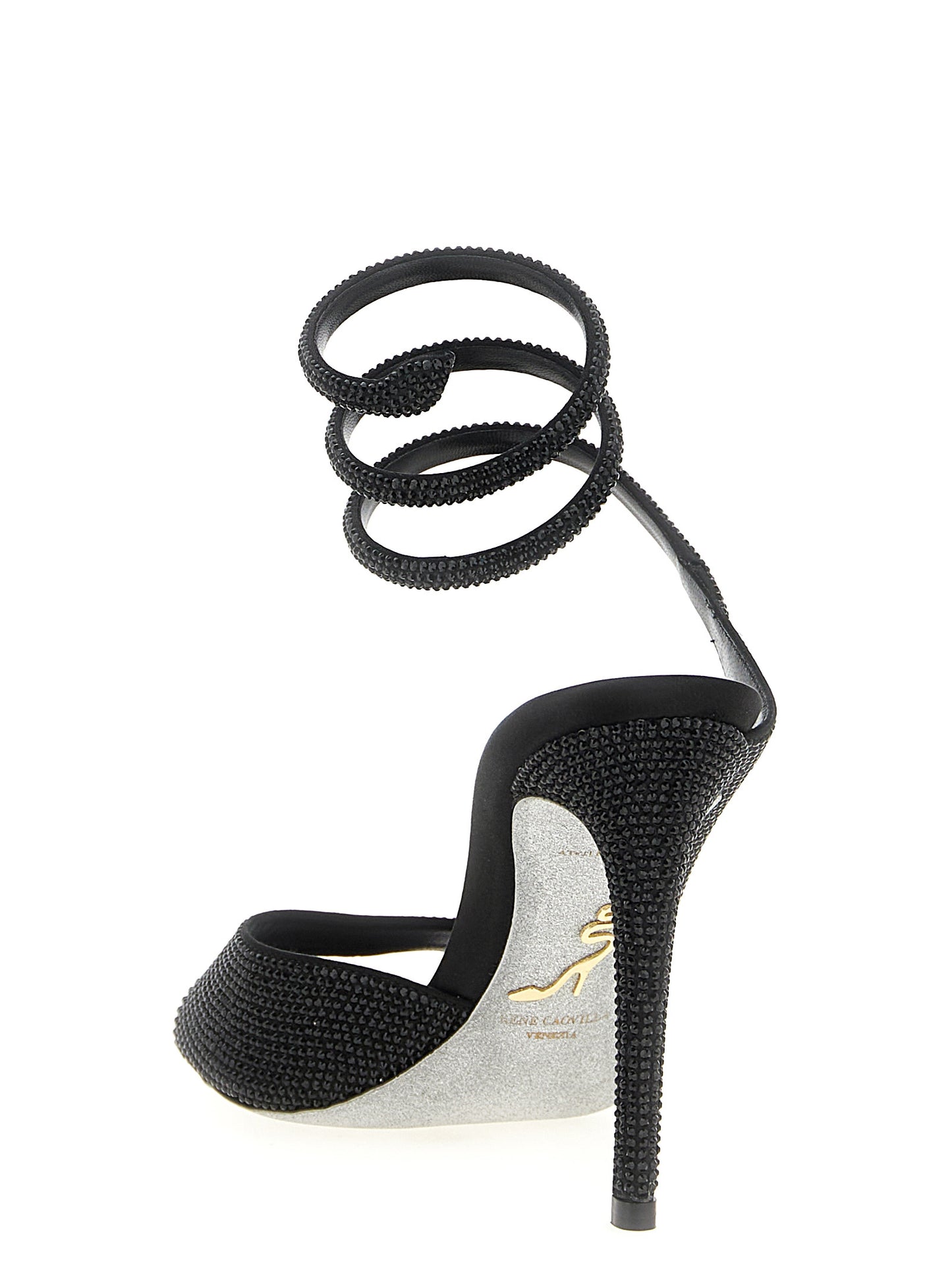 Stiletto Sandals by RENE CAOVILLA for women in satin & rhinestone black & signature features an architectural design from the Audrey Women's Satin & Rhinestone Stiletto Sandals collection, defined by a architectural stiletto and for a architectural finish.