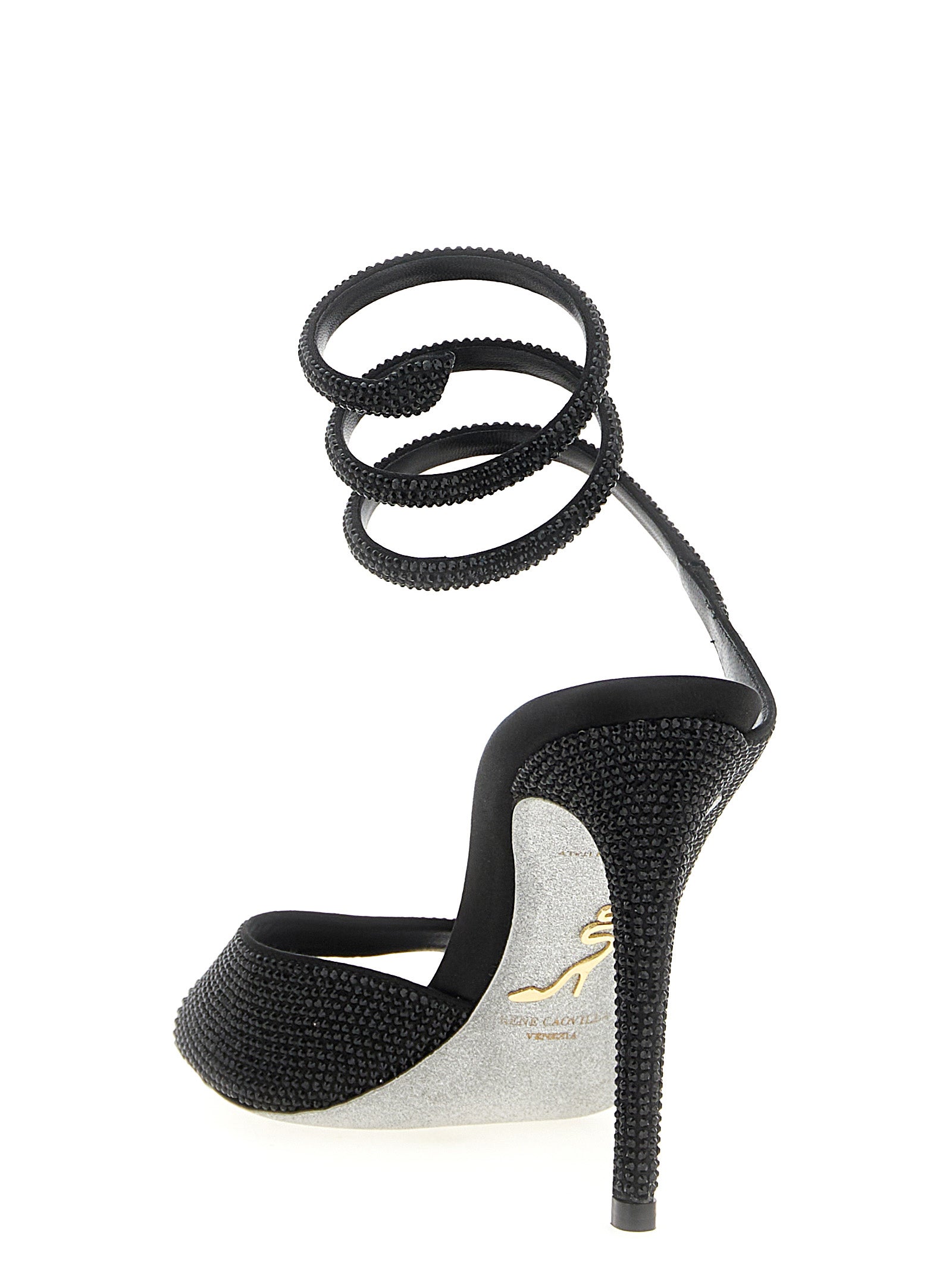 Stiletto Sandals by RENE CAOVILLA for women in satin & rhinestone black & signature features an architectural design from the Audrey Women's Satin & Rhinestone Stiletto Sandals collection, defined by a architectural stiletto and for a architectural finish.