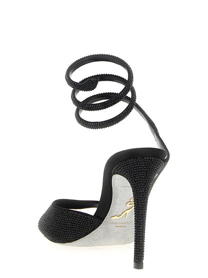Stiletto Sandals by RENE CAOVILLA for women in satin & rhinestone black & signature features an architectural design from the Audrey Women's Satin & Rhinestone Stiletto Sandals collection, defined by a architectural stiletto and for a architectural finish.