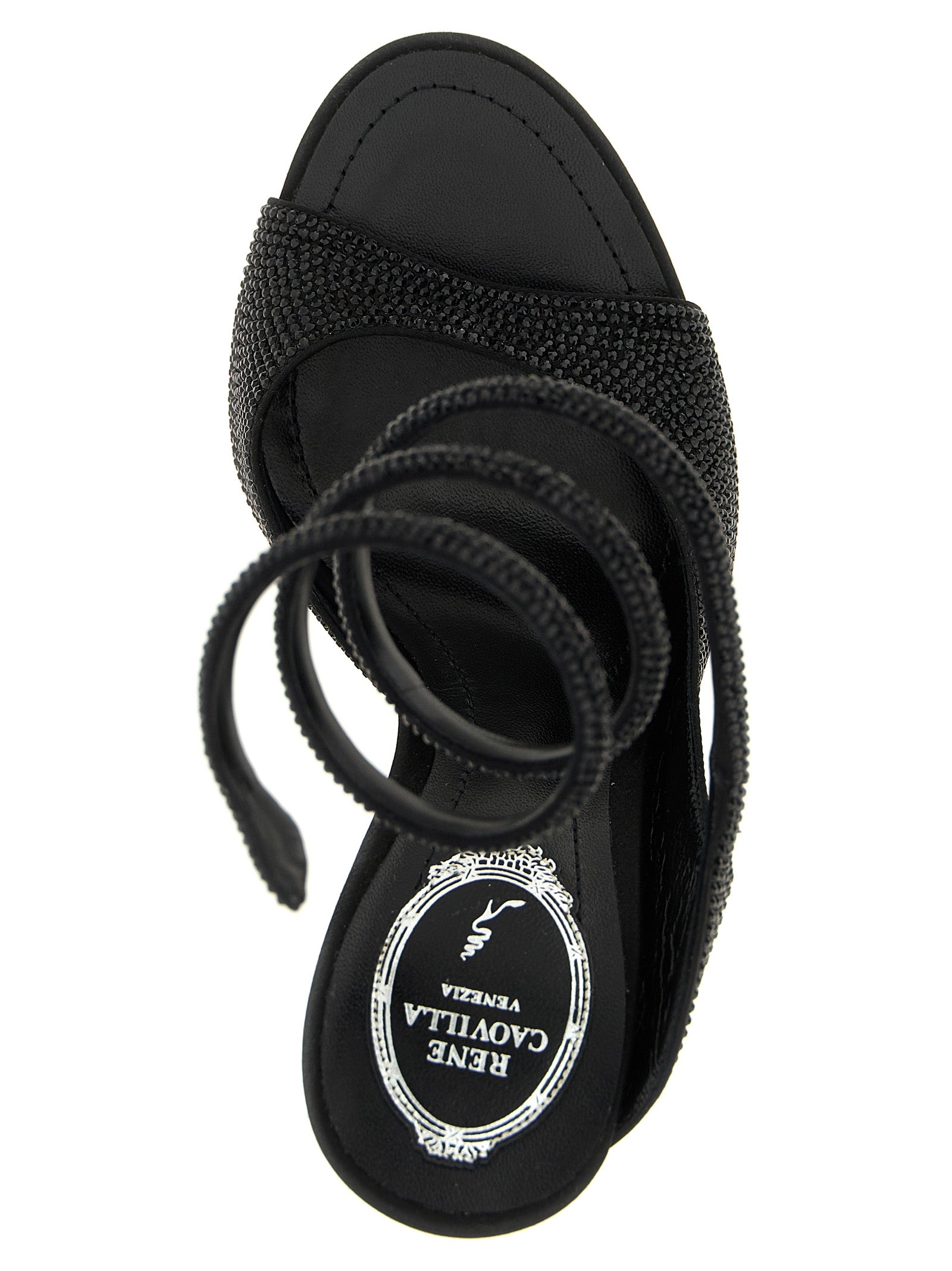 Stiletto Sandals by RENE CAOVILLA for women in satin & rhinestone black & signature presents a sculptural silhouette, showcasing the Audrey Women's Satin & Rhinestone Stiletto Sandals design with a sculptural stiletto and for a premium look.