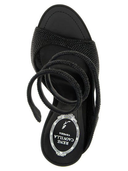Stiletto Sandals by RENE CAOVILLA for women in satin & rhinestone black & signature presents a sculptural silhouette, showcasing the Audrey Women's Satin & Rhinestone Stiletto Sandals design with a sculptural stiletto and for a premium look.