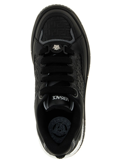 Athletic Sneakers by Versace for men in calfskin leather black features an timeless silhouette from the Medusa Men's Athletic Calfskin Leather Sneakers collection, showcasing a timeless athletic style for a timeless look.