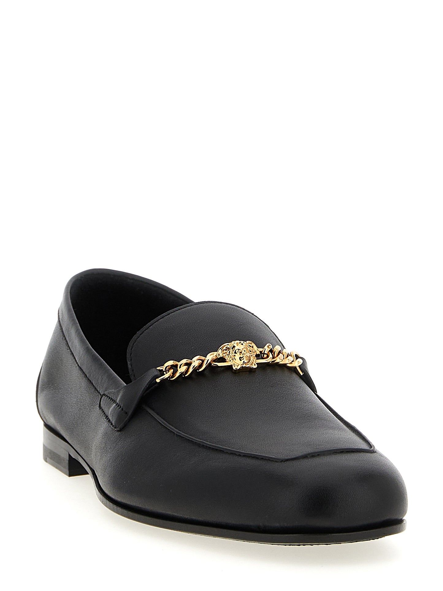 Loafer Slip-On Shoes by Versace for men in calfskin leather black features an effortless chic silhouette, showcasing the Medusa Men's Calfskin Leather Loafer Slip-On Shoes design with an effortless chic and a for a effortless chic look.