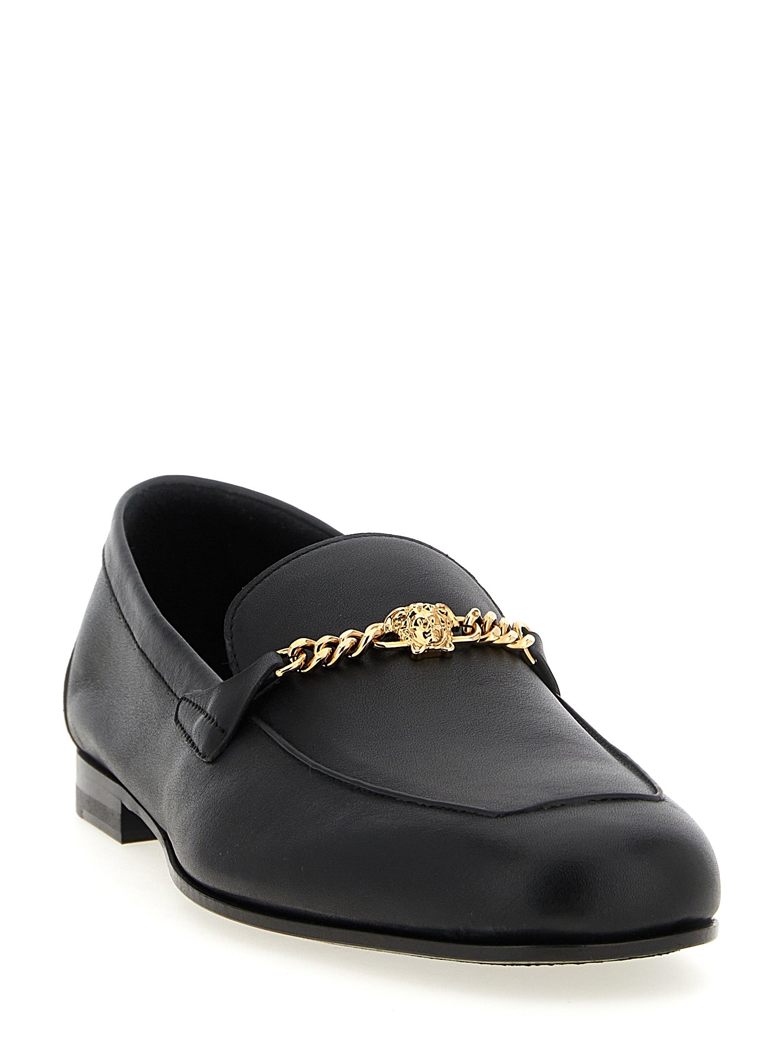 Loafer Slip-On Shoes by Versace for men in calfskin leather black features an effortless chic silhouette, showcasing the Medusa Men's Calfskin Leather Loafer Slip-On Shoes design with an effortless chic and a for a effortless chic look.