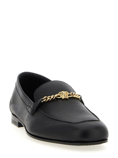 Loafer Slip-On Shoes by Versace for men in calfskin leather black features an effortless chic silhouette, showcasing the Medusa Men's Calfskin Leather Loafer Slip-On Shoes design with an effortless chic and a for a effortless chic look.