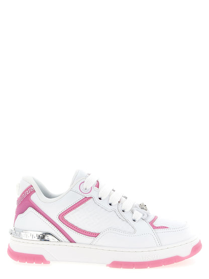 Athletic Sneakers Versace women calfskin leather multicolor & pink featuring a avant-garde Medusa Women's Athletic Calfskin Leather Sneakers design with a avant-garde athletic style for a refined finish.