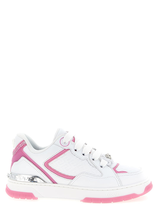 Athletic Sneakers Versace women calfskin leather multicolor & pink featuring a avant-garde Medusa Women's Athletic Calfskin Leather Sneakers design with a avant-garde athletic style for a refined finish.