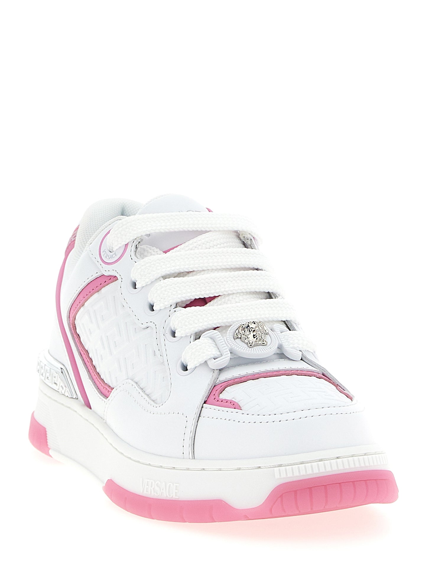 Athletic Sneakers by Versace for women in calfskin leather multicolor & pink features an effortless chic silhouette, showcasing the signature athletic style of the Medusa Women's Athletic Calfskin Leather Sneakers collection with a truly effortless chic finish.