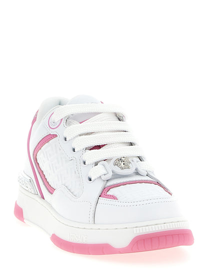 Athletic Sneakers by Versace for women in calfskin leather multicolor & pink features an effortless chic silhouette, showcasing the signature athletic style of the Medusa Women's Athletic Calfskin Leather Sneakers collection with a truly effortless chic finish.
