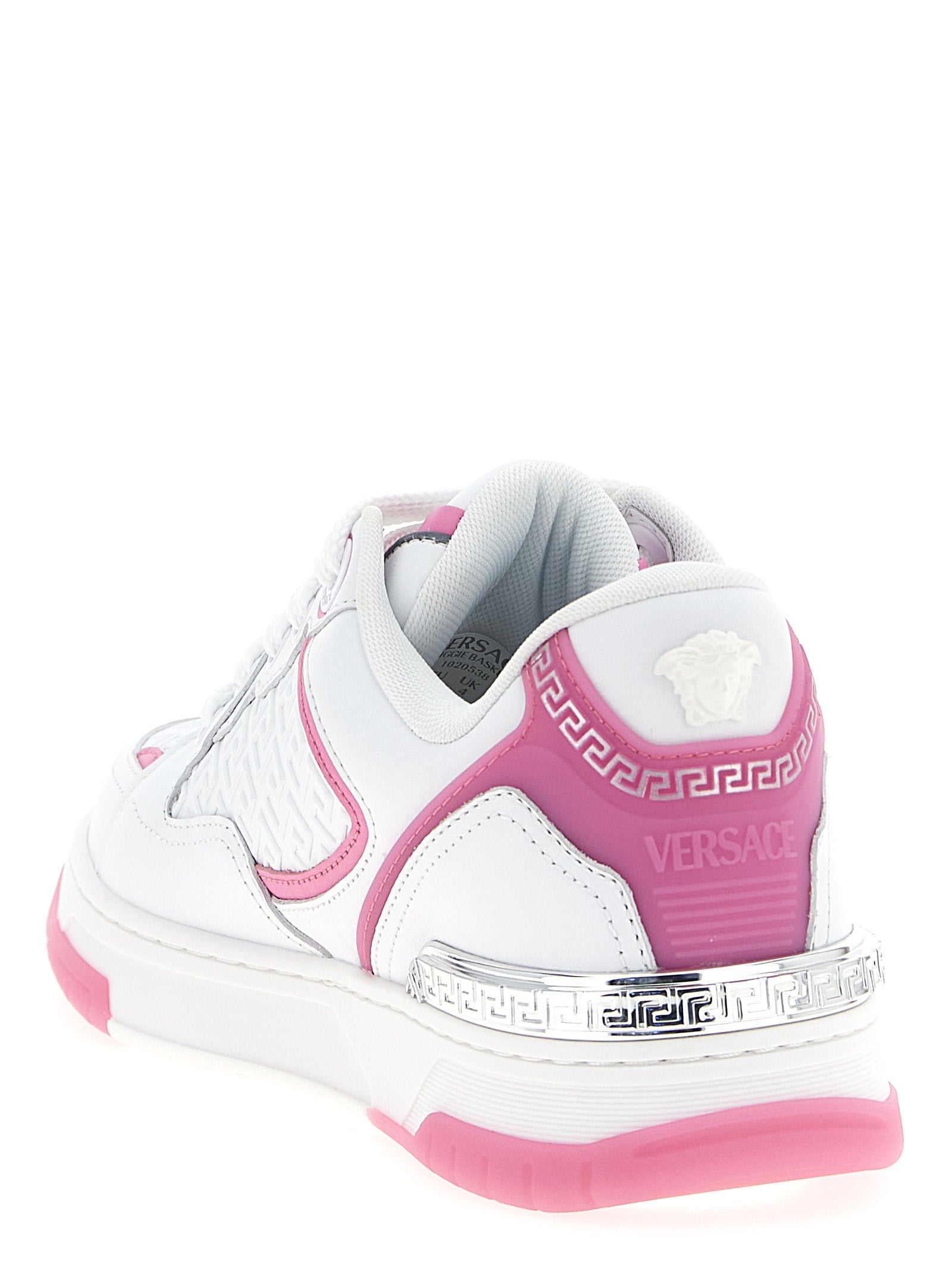 Athletic Sneakers by Versace for women in calfskin leather multicolor & pink showcases an impeccable silhouette, defined by an impeccable athletic style design that perfectly captures the essence of the Medusa Women's Athletic Calfskin Leather Sneakers.