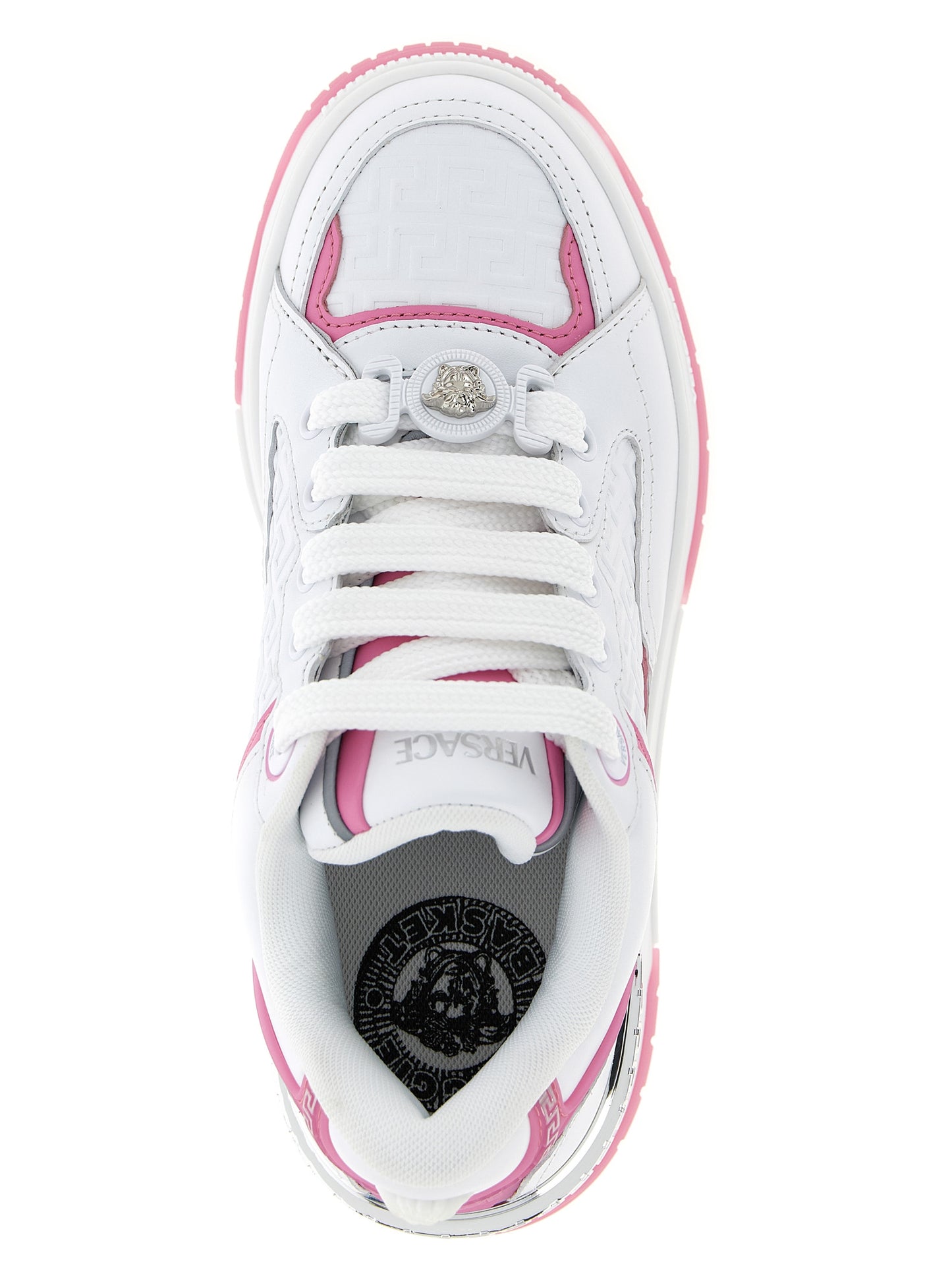 Athletic Sneakers by Versace for women in calfskin leather multicolor & pink features an timeless silhouette from the Medusa Women's Athletic Calfskin Leather Sneakers collection, showcasing a timeless athletic style for a timeless look.