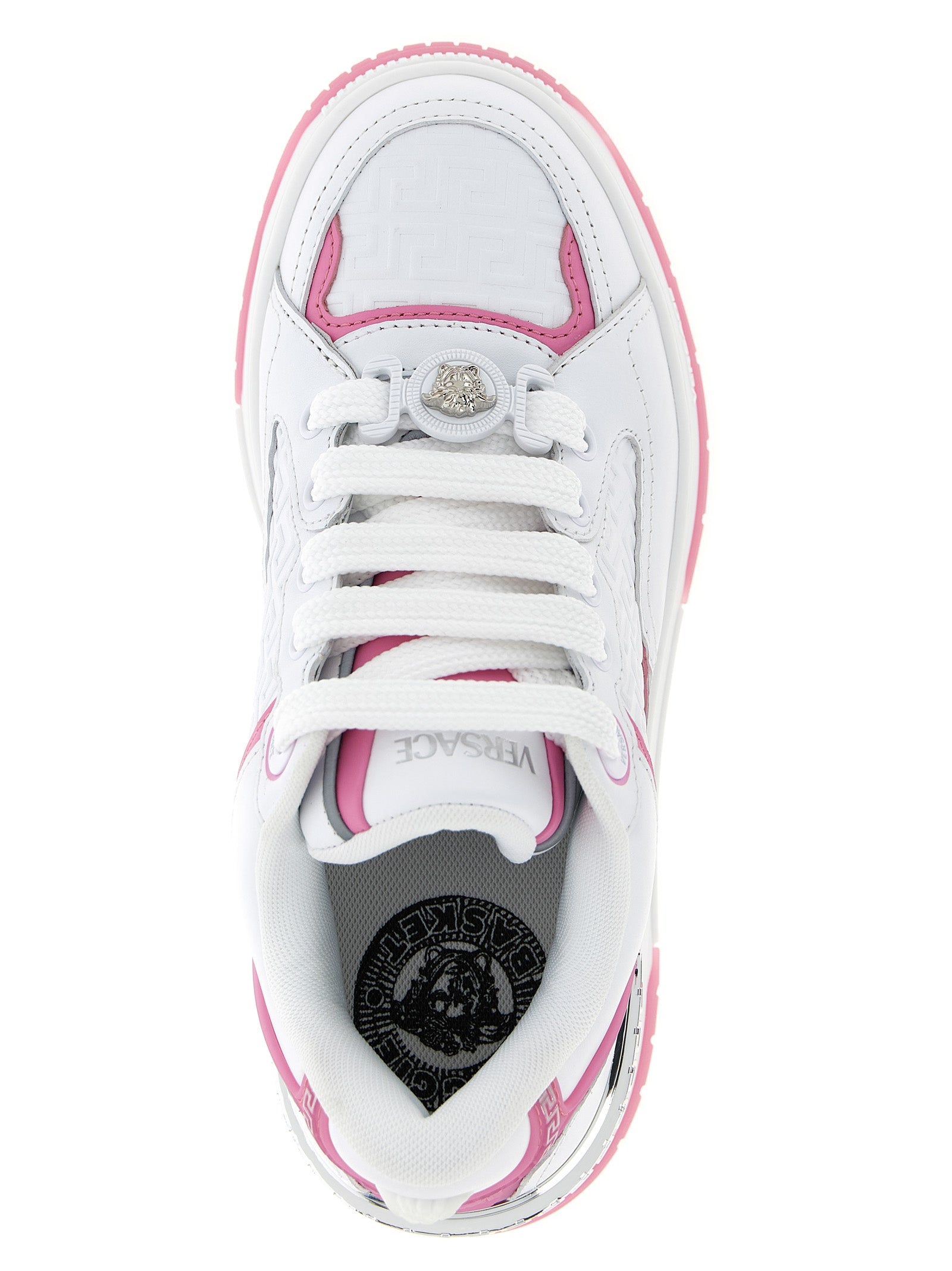 Athletic Sneakers by Versace for women in calfskin leather multicolor & pink features an timeless silhouette from the Medusa Women's Athletic Calfskin Leather Sneakers collection, showcasing a timeless athletic style for a timeless look.