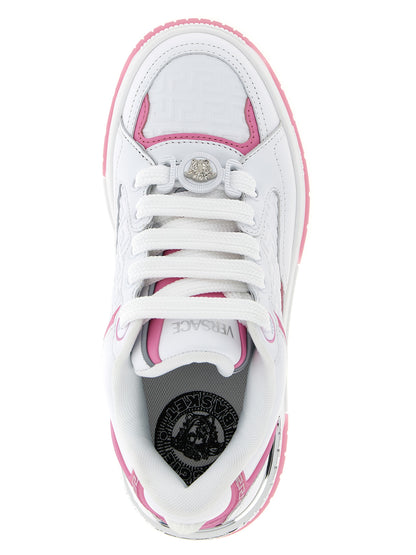 Athletic Sneakers by Versace for women in calfskin leather multicolor & pink features an timeless silhouette from the Medusa Women's Athletic Calfskin Leather Sneakers collection, showcasing a timeless athletic style for a timeless look.