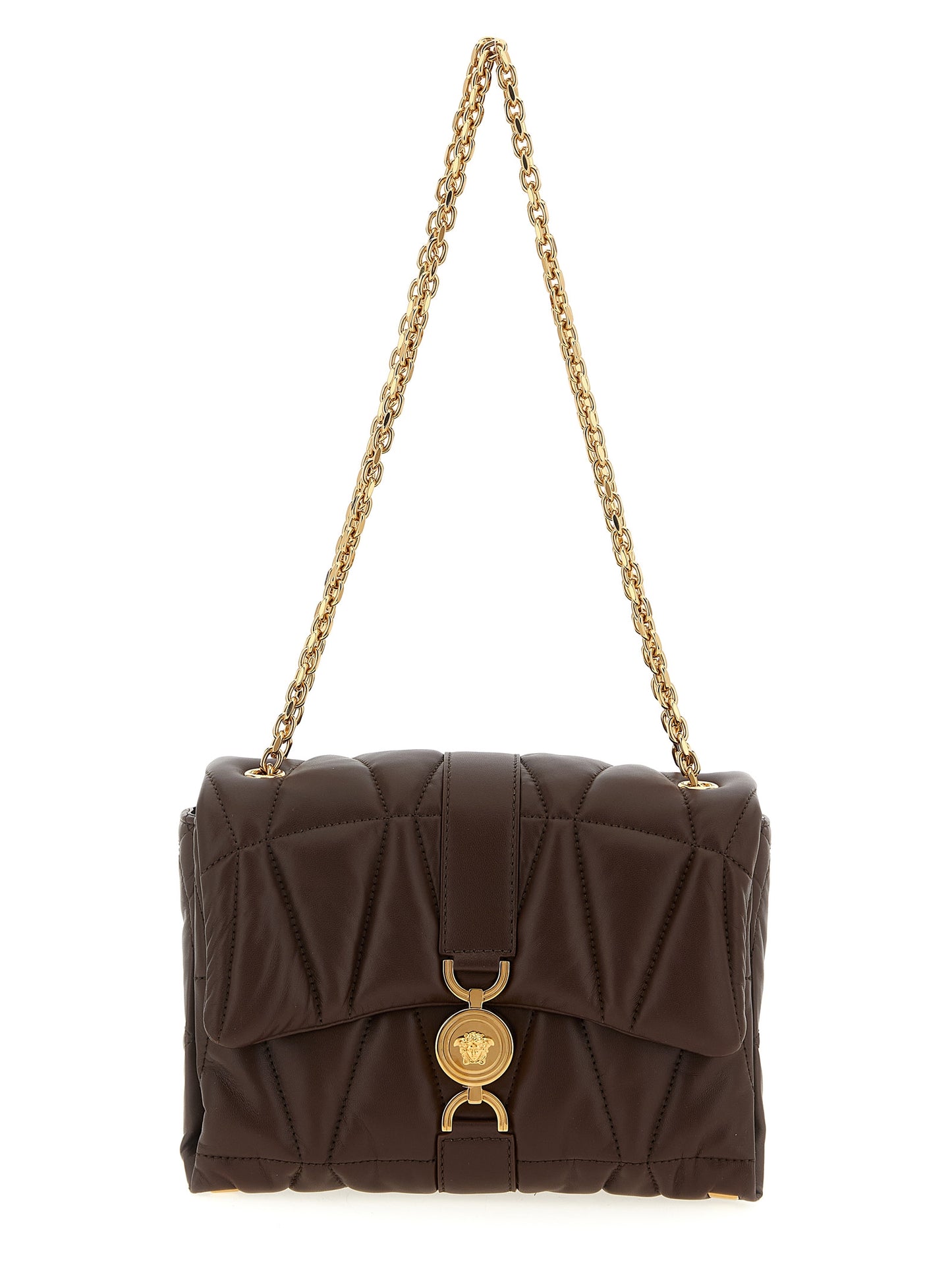 Quilted Shoulder Flap Bag by Versace for women in lamb leather brown features an effortlessly chic silhouette with a secure flap & magnetic, ample , and versatile shoulder-strap for effortlessly chic everyday luxury.