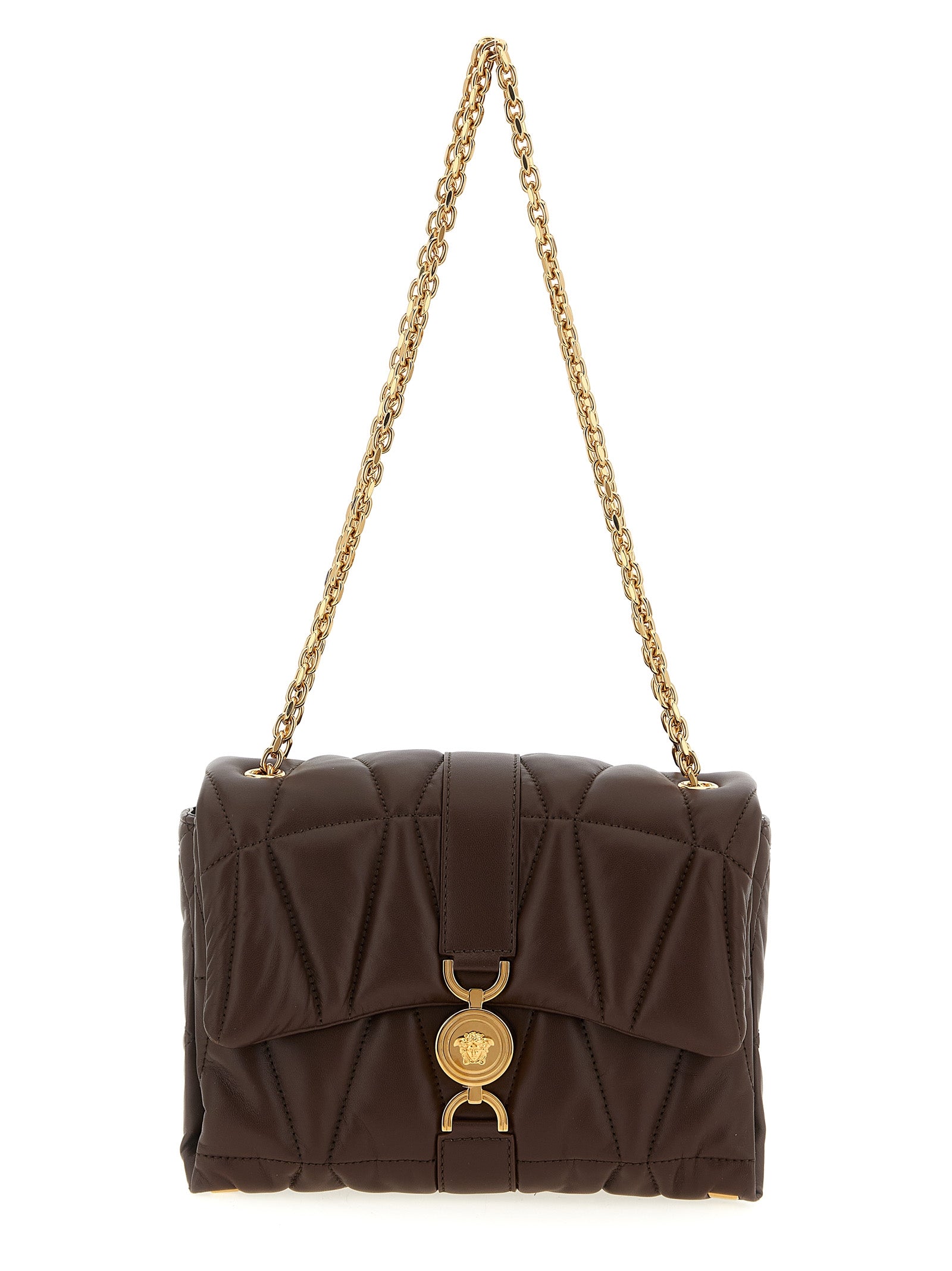 Quilted Shoulder Flap Bag by Versace for women in lamb leather brown features an effortlessly chic silhouette with a secure flap & magnetic, ample , and versatile shoulder-strap for effortlessly chic everyday luxury.