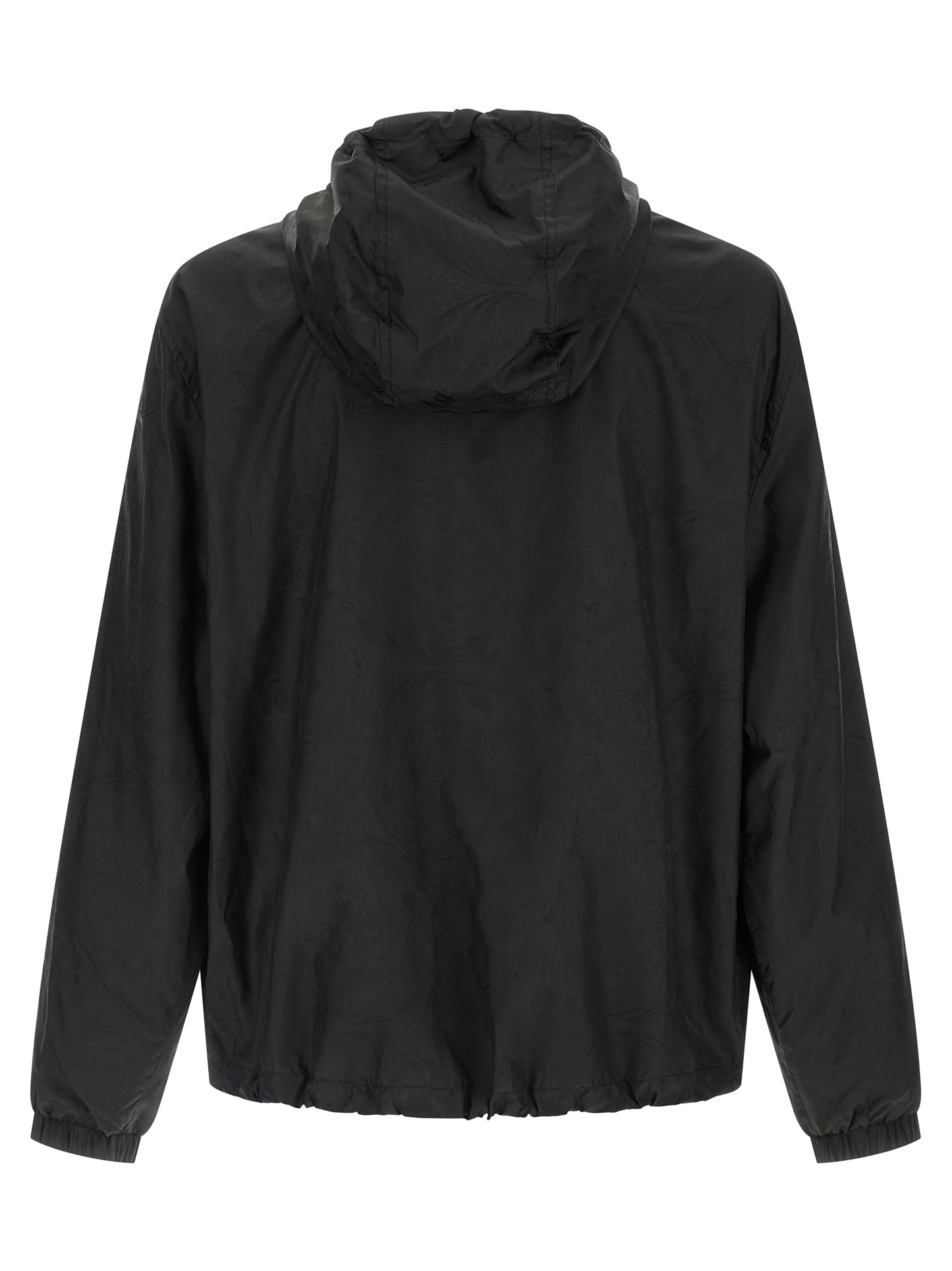 Hooded Windbreaker Jacket by Versace for men in nylon black, patterned & jacquard features an perennial silhouette with a refined hooded neckline and perennial hooded & windproof for a sophisticated weather-resistant look.