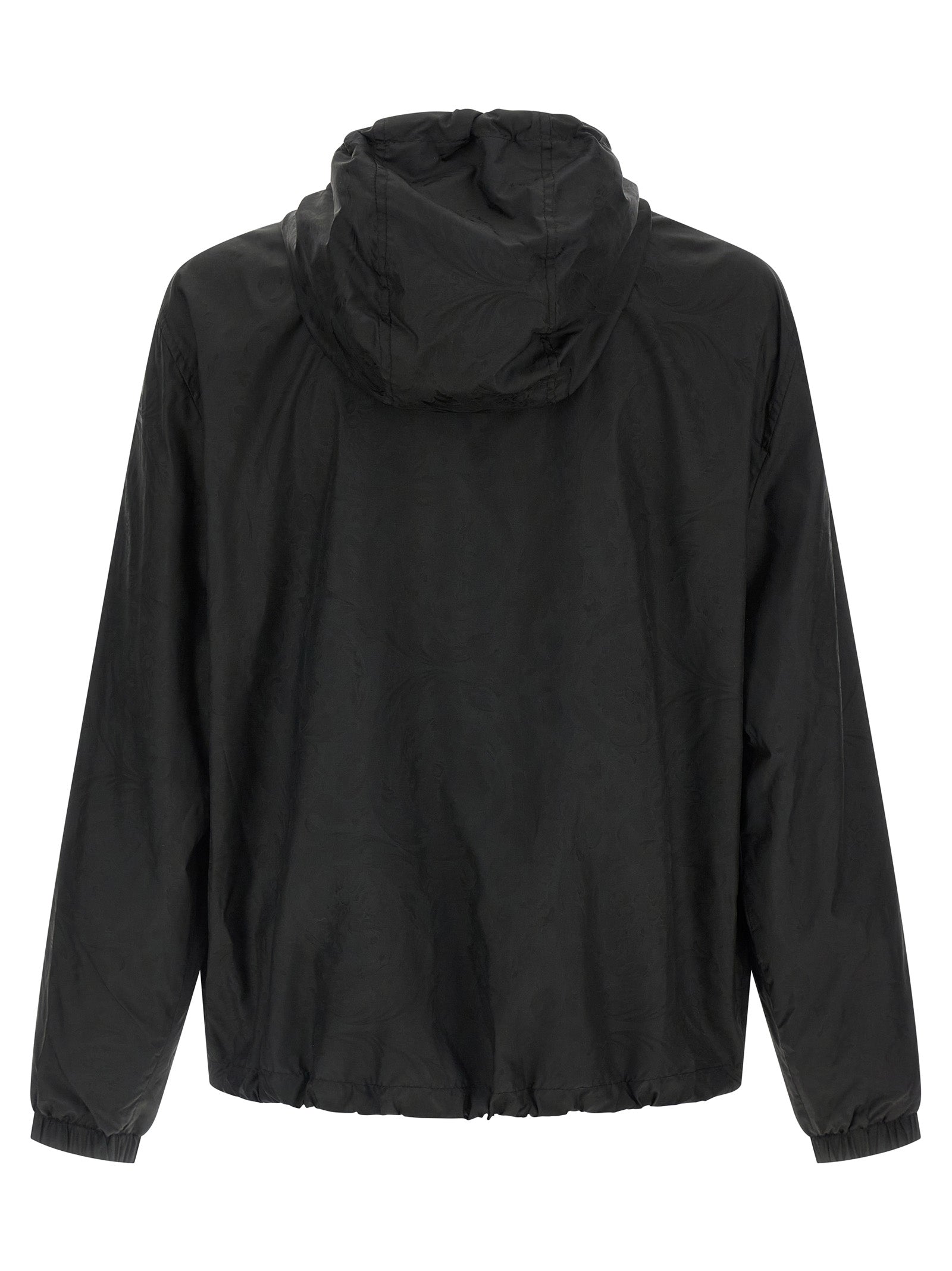 Hooded Windbreaker Jacket by Versace for men in nylon black, patterned & jacquard features an perennial silhouette with a refined hooded neckline and perennial hooded & windproof for a sophisticated weather-resistant look.