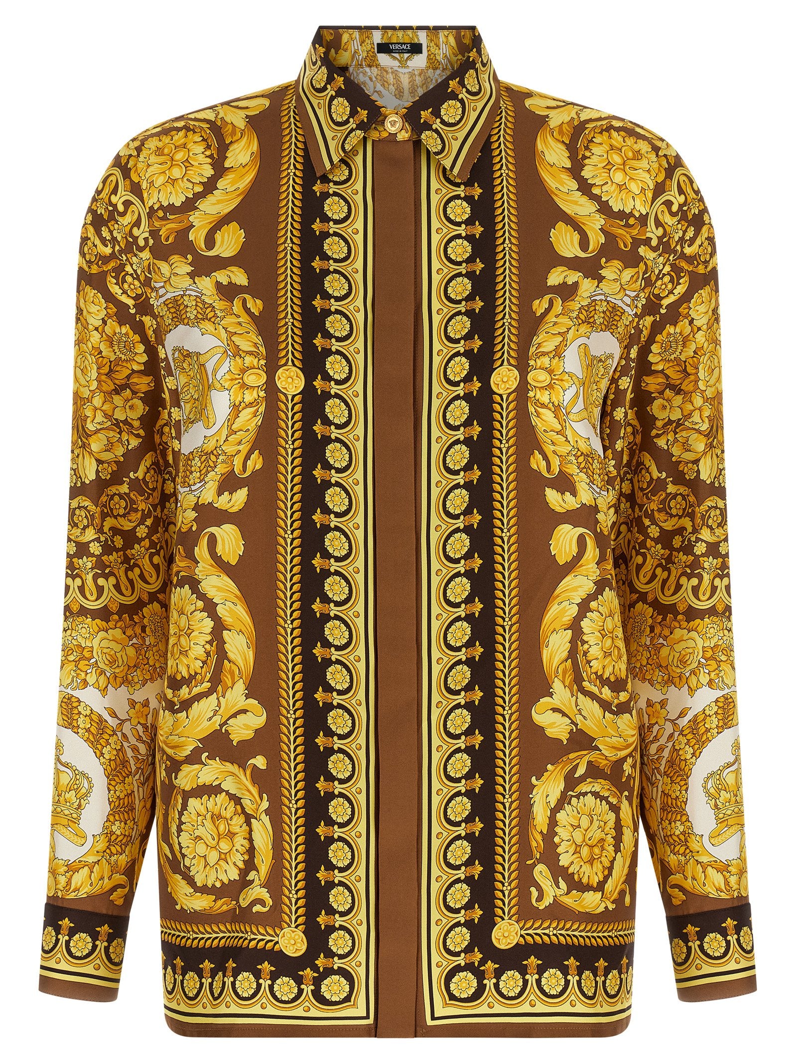 Blouse by Versace for women in silk twill gold & print features an architectural silhouette with a refined and elegant for a architectural look.