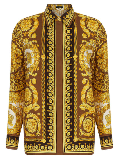 Blouse by Versace for women in silk twill gold & print features an architectural silhouette with a refined and elegant for a architectural look.