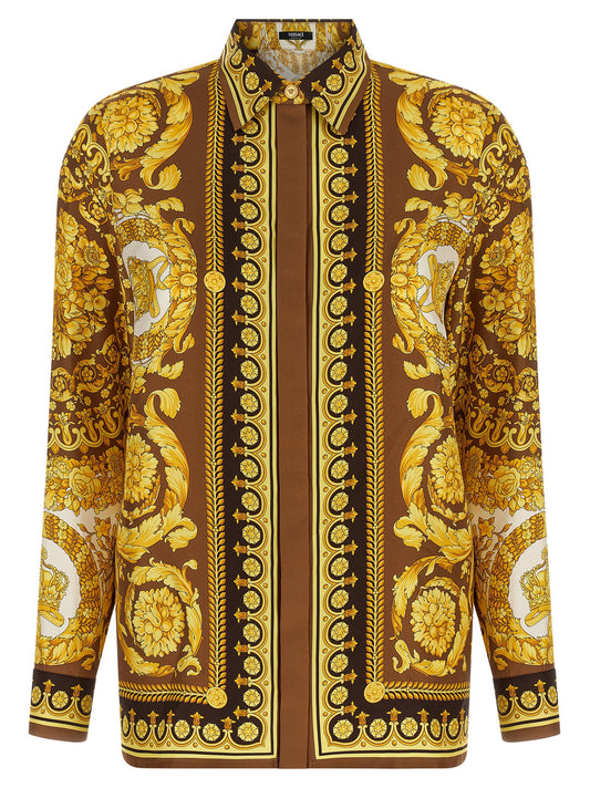 Blouse by Versace for women in silk twill gold & print features an architectural silhouette with a refined and elegant for a architectural look.