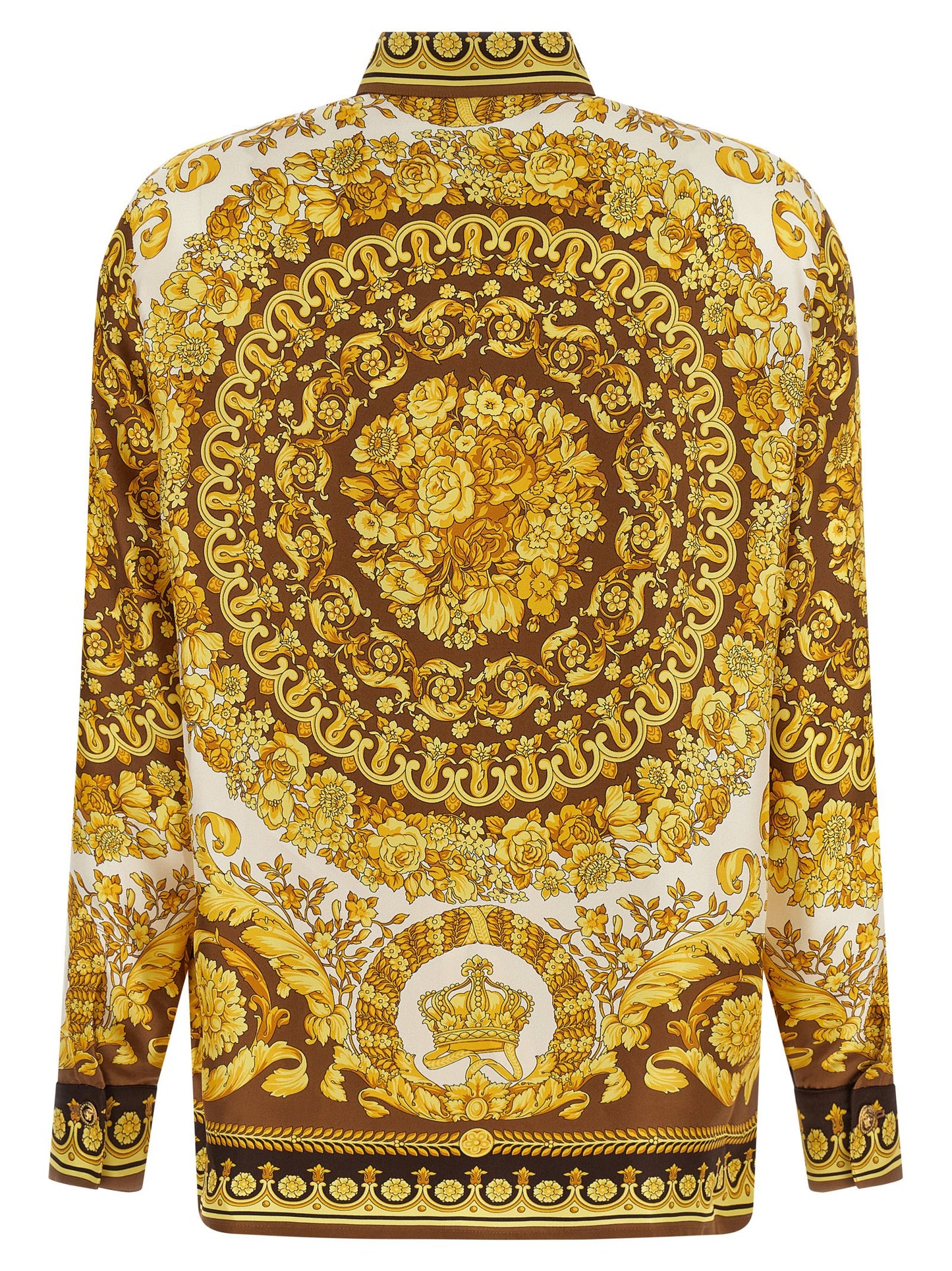 Blouse by Versace for women in silk twill gold & print presents a discerning silhouette, showcasing a sophisticated and for a truly discerning finish.