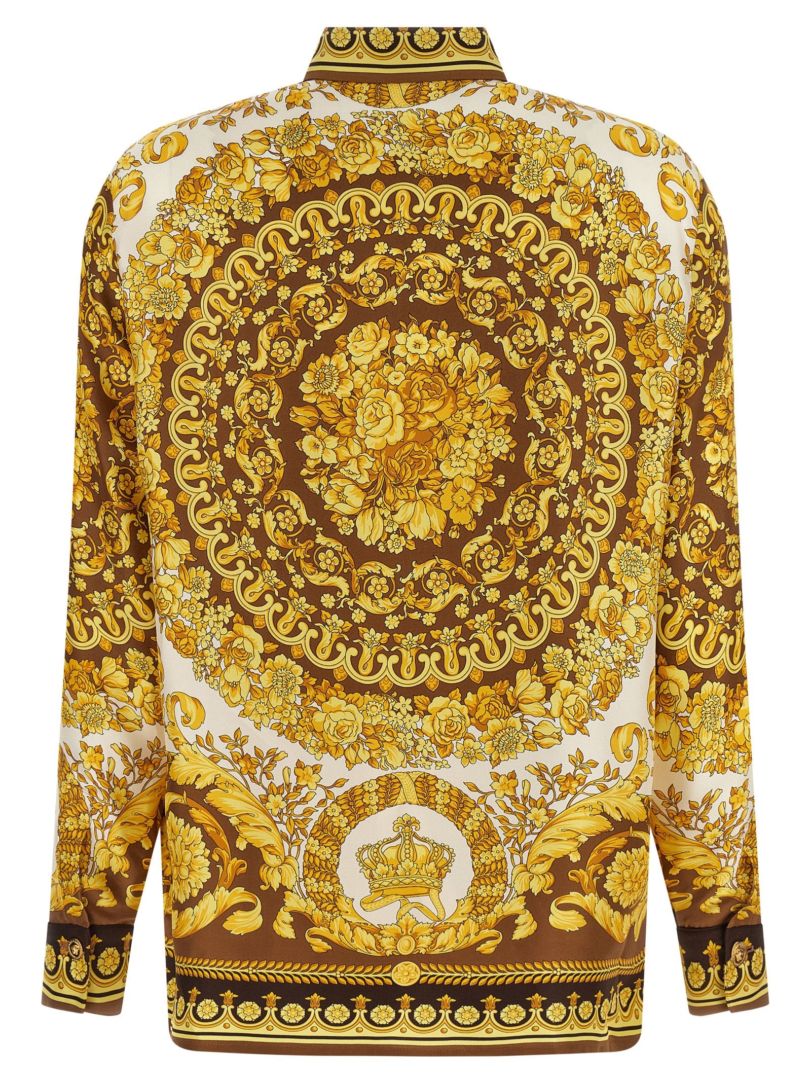 Blouse by Versace for women in silk twill gold & print presents a discerning silhouette, showcasing a sophisticated and for a truly discerning finish.