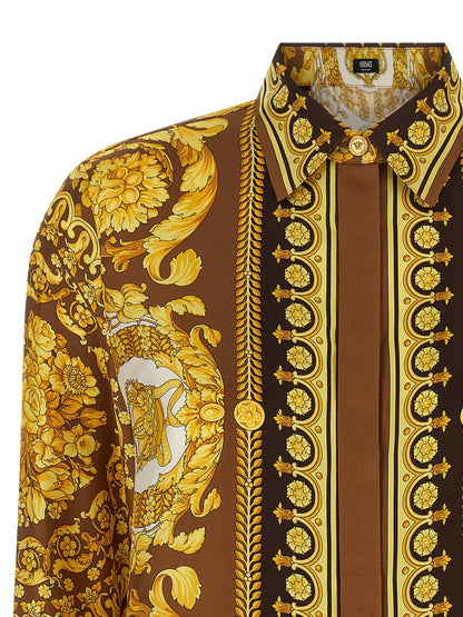 Blouse by Versace for women in silk twill gold & print, featuring a nuanced and nuanced for a sophisticated finish.