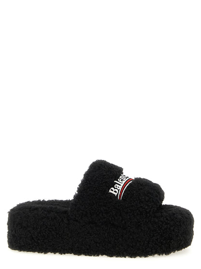 Balenciaga Women's Faux Polyester Fur Sliders Flat Shoes - Black