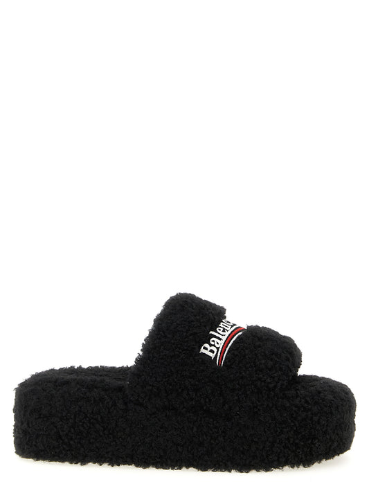 Balenciaga Women's Faux Polyester Fur Sliders Flat Shoes - Black