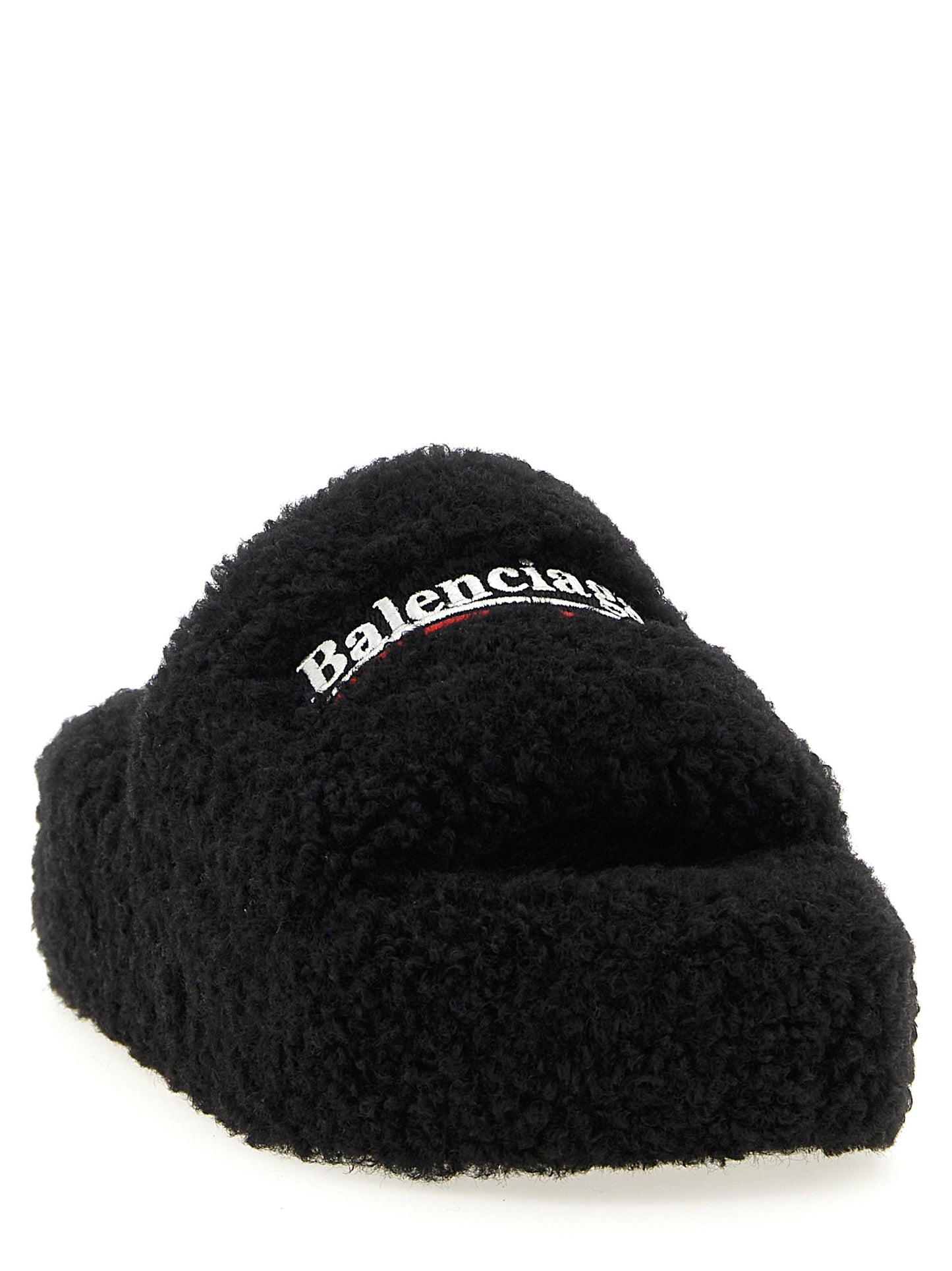 Balenciaga Women's Faux Polyester Fur Sliders Flat Shoes - Black