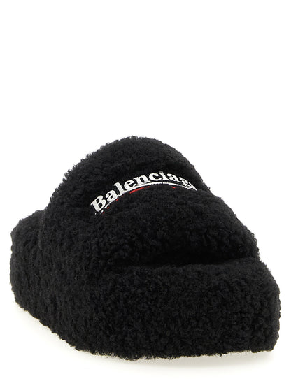 Balenciaga Women's Faux Polyester Fur Sliders Flat Shoes - Black