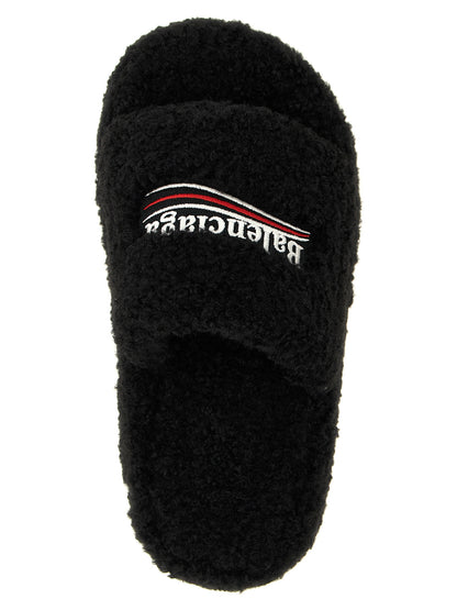 Balenciaga Women's Faux Polyester Fur Sliders Flat Shoes - Black