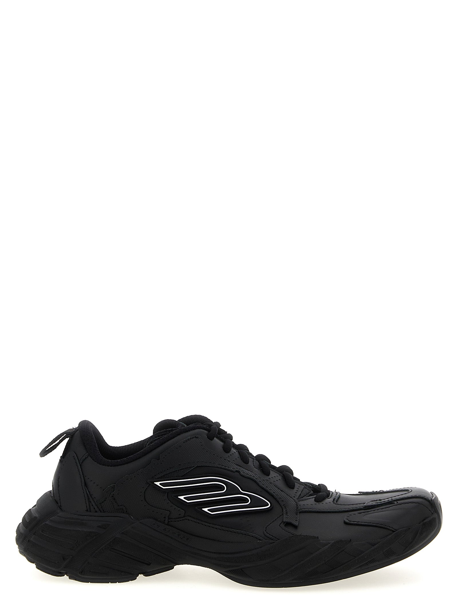 Athletic Sneakers by Balenciaga for men in calfskin leather & plush polyester black showcases a architectural silhouette, artfully capturing the essence of the Men's Athletic Calfskin Leather & Plush Polyester Sneakers with its signature architectural athletic style construction.