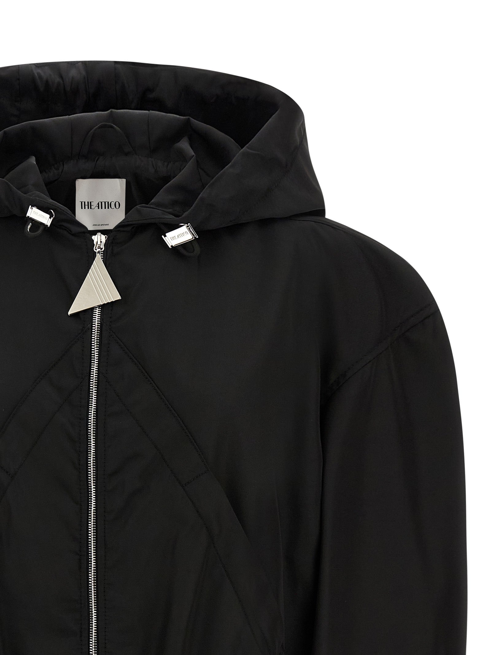 Hooded Bomber Jacket by The Attico for women in nylon black features a city-ready silhouette, detailed with hooded and a city-ready hooded neckline.