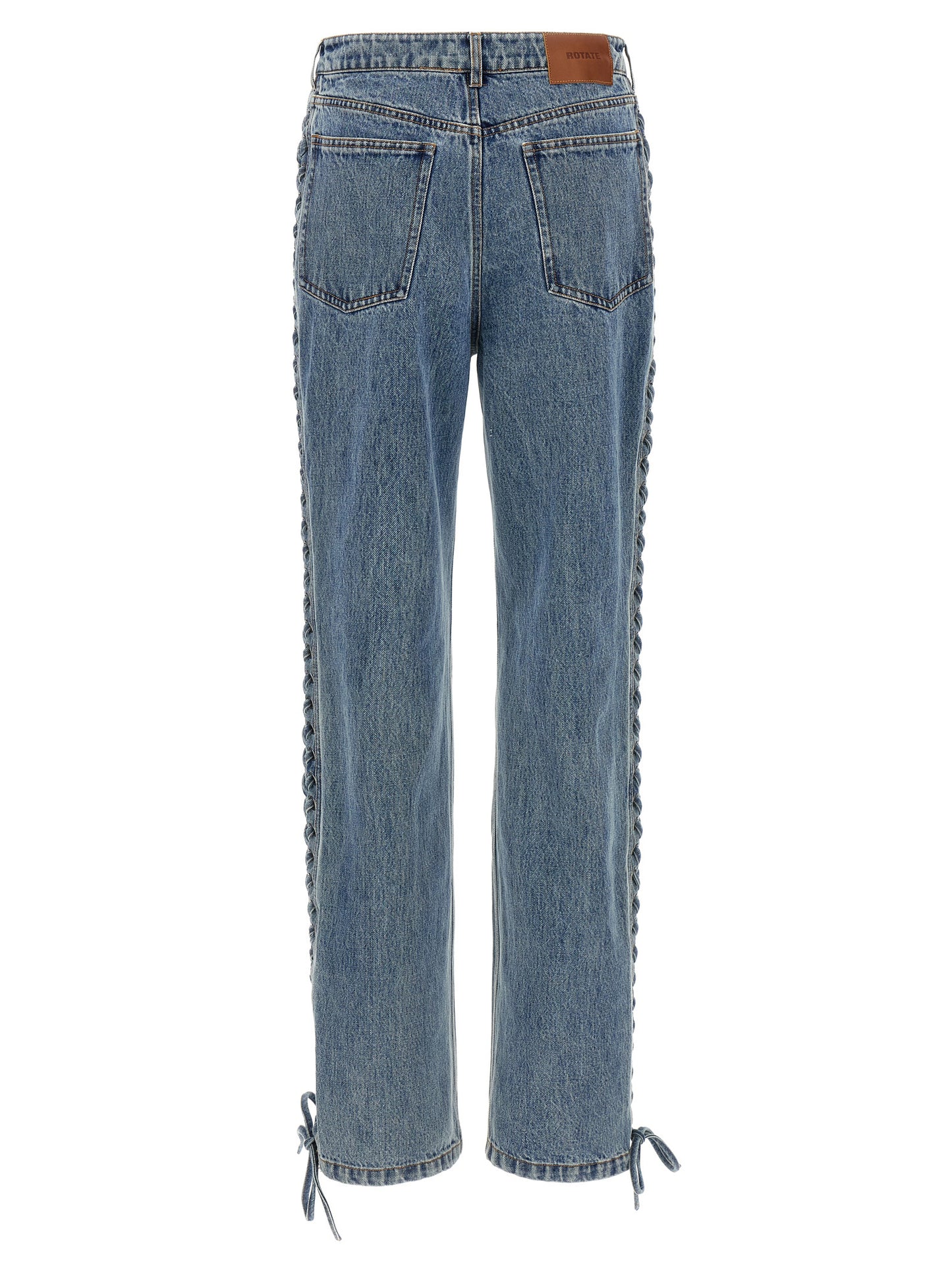 Jeans by ROTATE BIRGER CHRISTENSEN for women in organic denim cotton & leather blue presents a tailored silhouette, showcasing a tailored straight-leg and long cut with a refined for a truly tailored aesthetic.