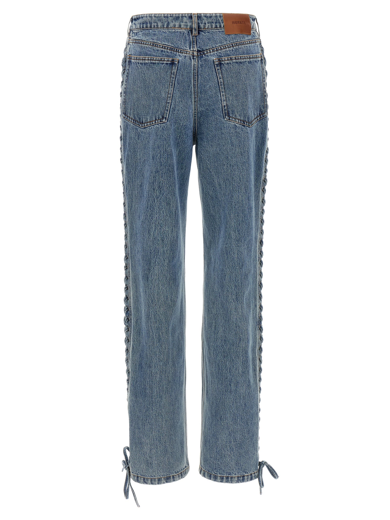 Jeans by ROTATE BIRGER CHRISTENSEN for women in organic denim cotton & leather blue presents a tailored silhouette, showcasing a tailored straight-leg and long cut with a refined for a truly tailored aesthetic.