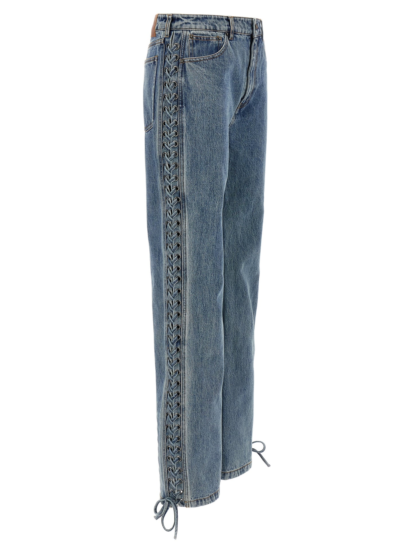 Jeans by ROTATE BIRGER CHRISTENSEN for women in organic denim cotton & leather blue features an sartorial straight-leg and long with a cut for a sartorial finish.