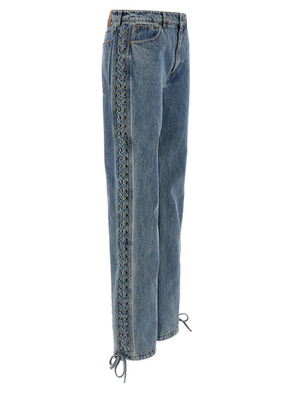 Jeans by ROTATE BIRGER CHRISTENSEN for women in organic denim cotton & leather blue features an sartorial straight-leg and long with a cut for a sartorial finish.