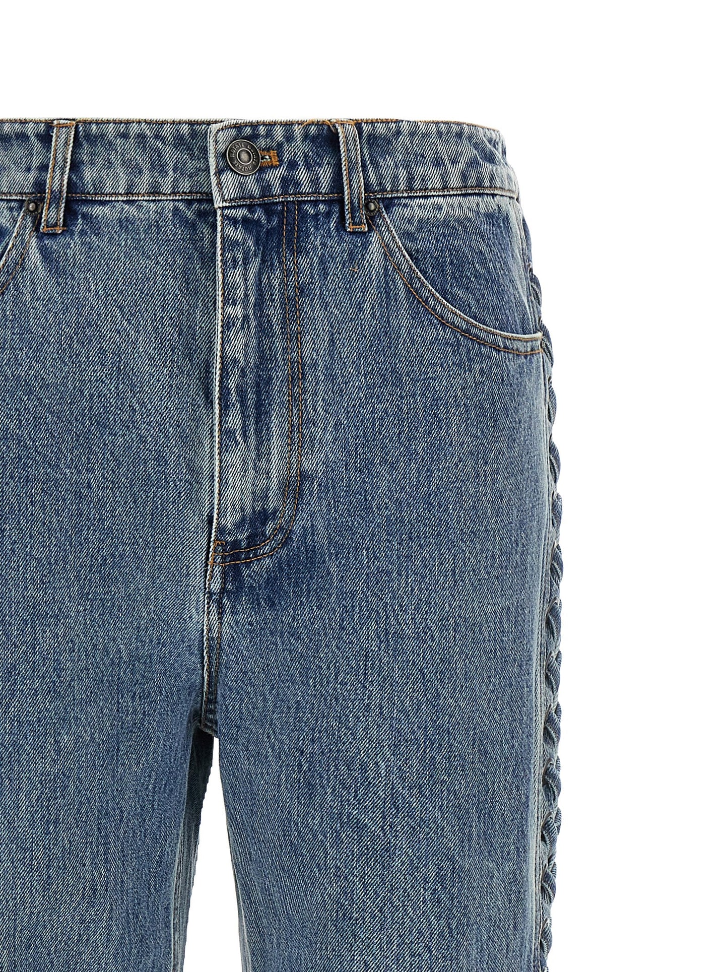 Jeans by ROTATE BIRGER CHRISTENSEN for women in organic denim cotton & leather blue presents a refined pantology silhouette, artfully defined by a refined pantology straight-leg, long, and a sophisticated .