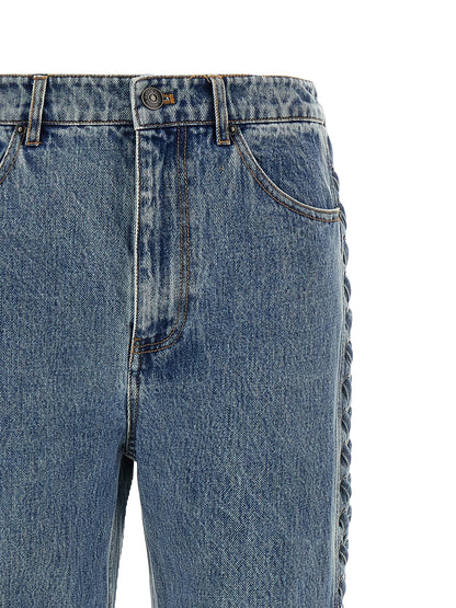 Jeans by ROTATE BIRGER CHRISTENSEN for women in organic denim cotton & leather blue presents a refined pantology silhouette, artfully defined by a refined pantology straight-leg, long, and a sophisticated .