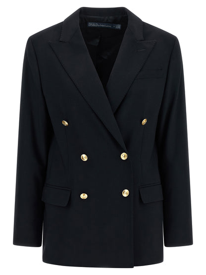 Blazer by Polo Ralph Lauren for women in wool blue features an sartorial silhouette, showcasing a sophisticated split neckline and sartorial for a truly sartorial finish.