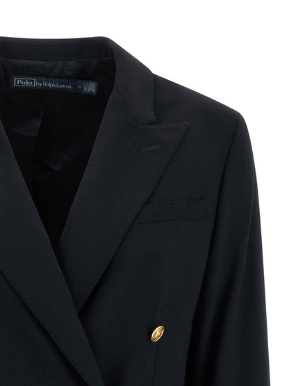 Blazer by Polo Ralph Lauren for women in wool blue showcases a discerning silhouette, elegantly detailed with a sophisticated split neckline and premium for a truly discerning finish.