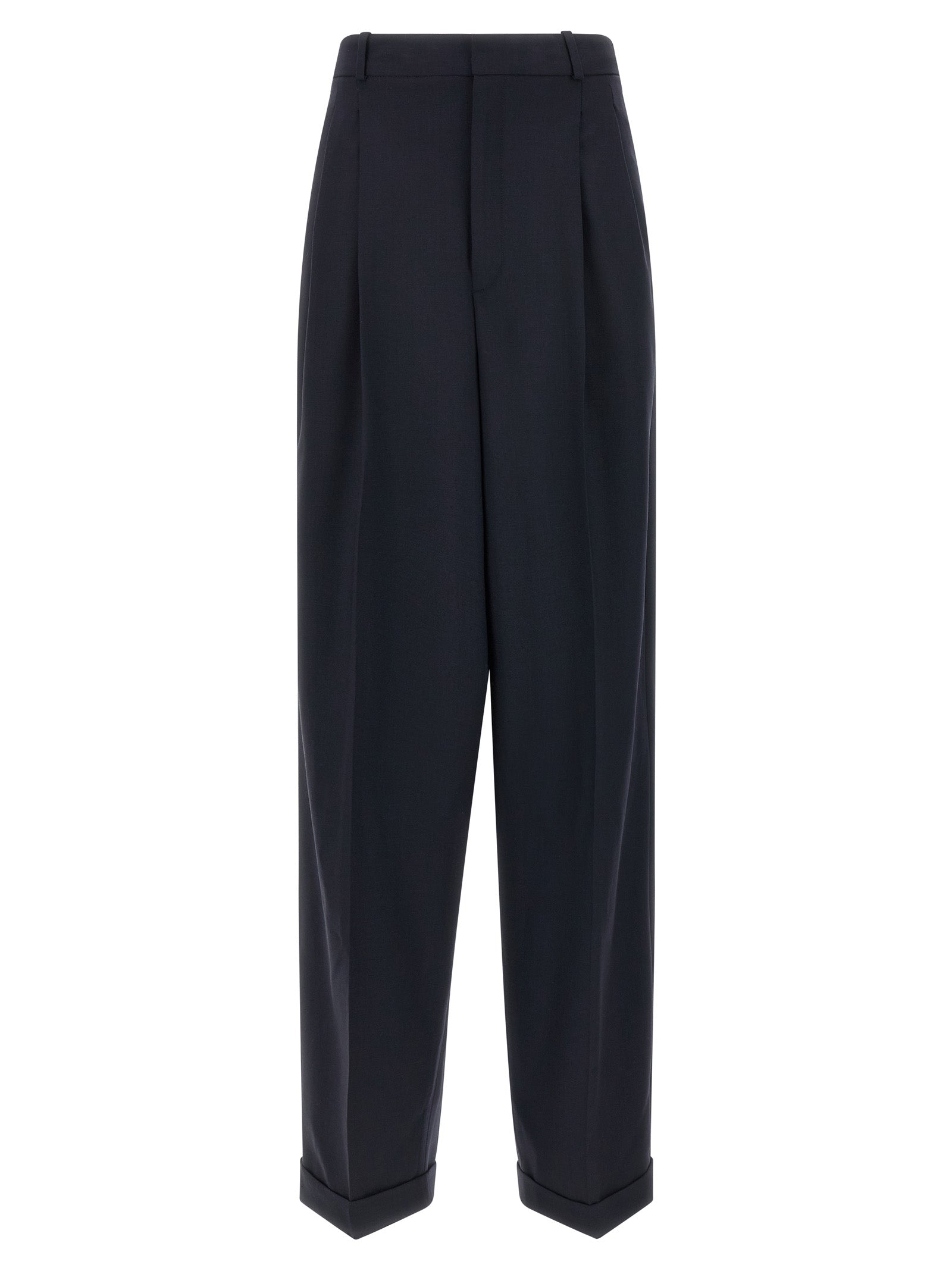 Trousers by Polo Ralph Lauren for women in wool blue features a sculptural silhouette, showcasing a sculptural wide and long with a sophisticated for a sculptural finish.