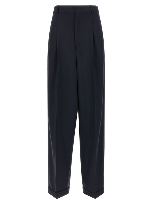 Trousers by Polo Ralph Lauren for women in wool blue features a sculptural silhouette, showcasing a sculptural wide and long with a sophisticated for a sculptural finish.