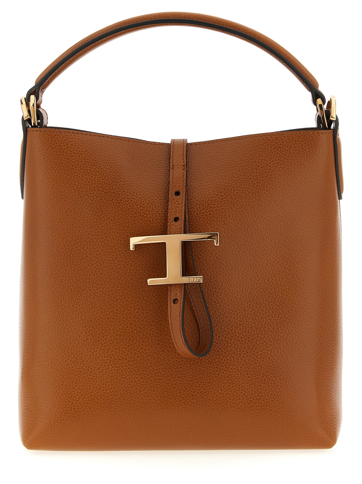 Large Crossbody Bucket Handbag by Tod's for women in calfskin leather brown features a signature silhouette, showcasing a secure snap & button and signature with versatile crossbody-strap, shoulder-strap, adjustable-strap & handle for a sophisticated look.