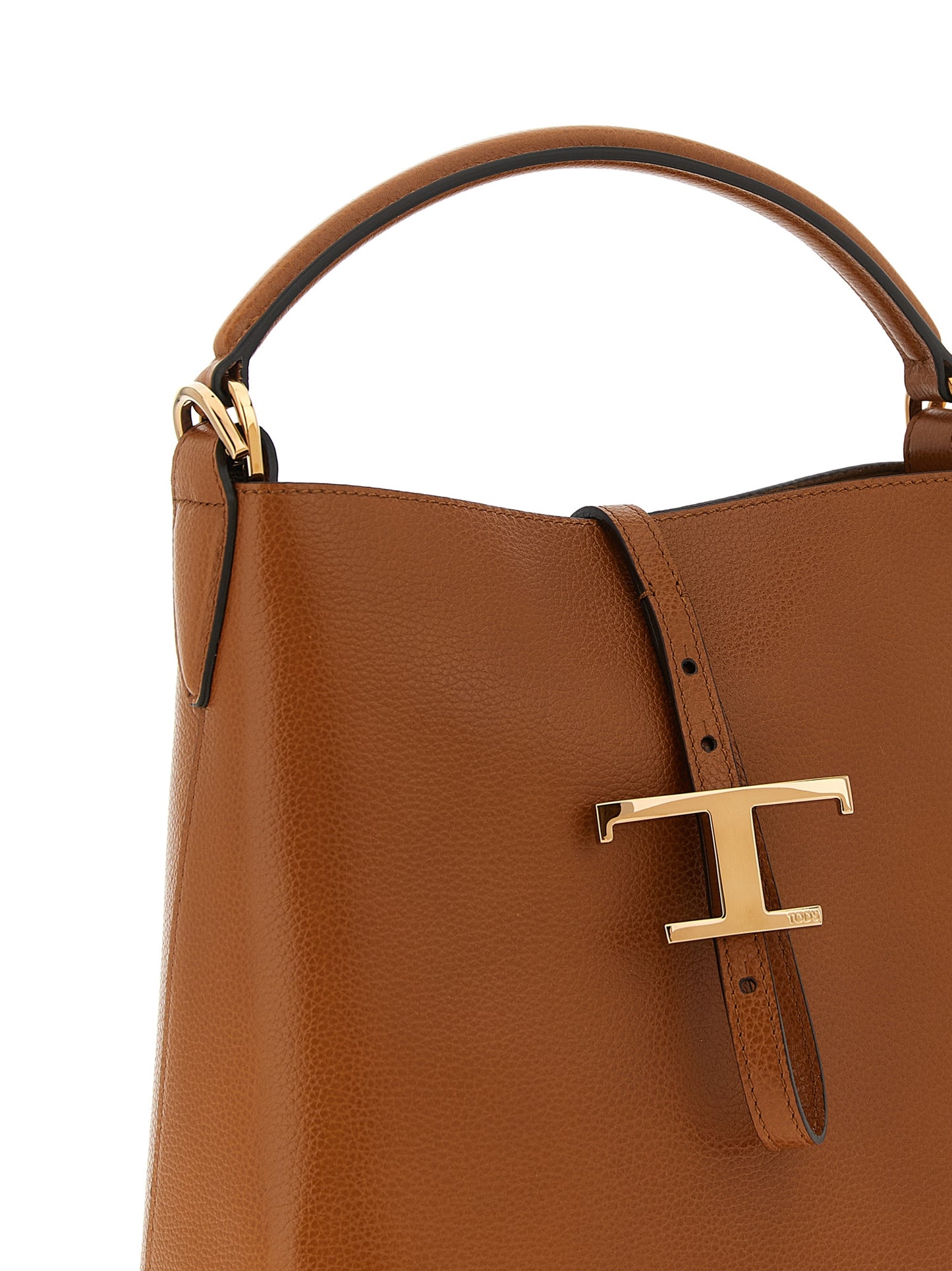 Large Crossbody Bucket Handbag by Tod's for women in calfskin leather brown features a contemporary silhouette, showcasing a secure snap & button, ample , and contemporary crossbody-strap, shoulder-strap, adjustable-strap & handle for a sophisticated look.