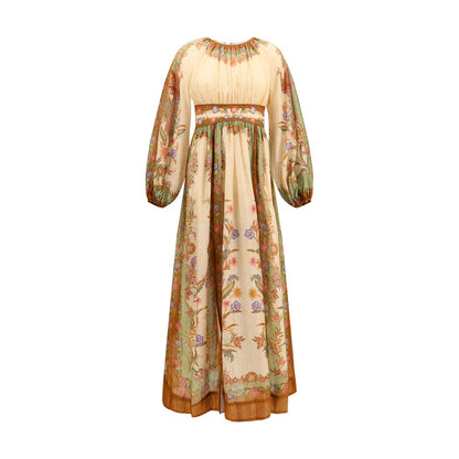 Dress by Zimmermann for women in silk & cotton multicolor & patterned features an magnificent silhouette, artfully detailed with a magnificent and long-sleeve that flows into an magnificent maxi long.