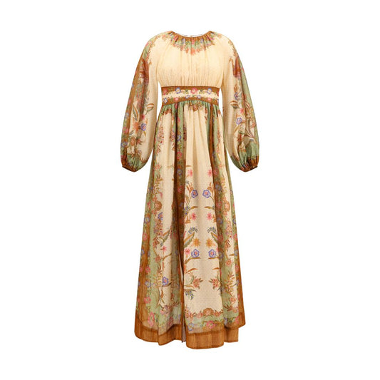 Dress by Zimmermann for women in silk & cotton multicolor & patterned features an magnificent silhouette, artfully detailed with a magnificent and long-sleeve that flows into an magnificent maxi long.