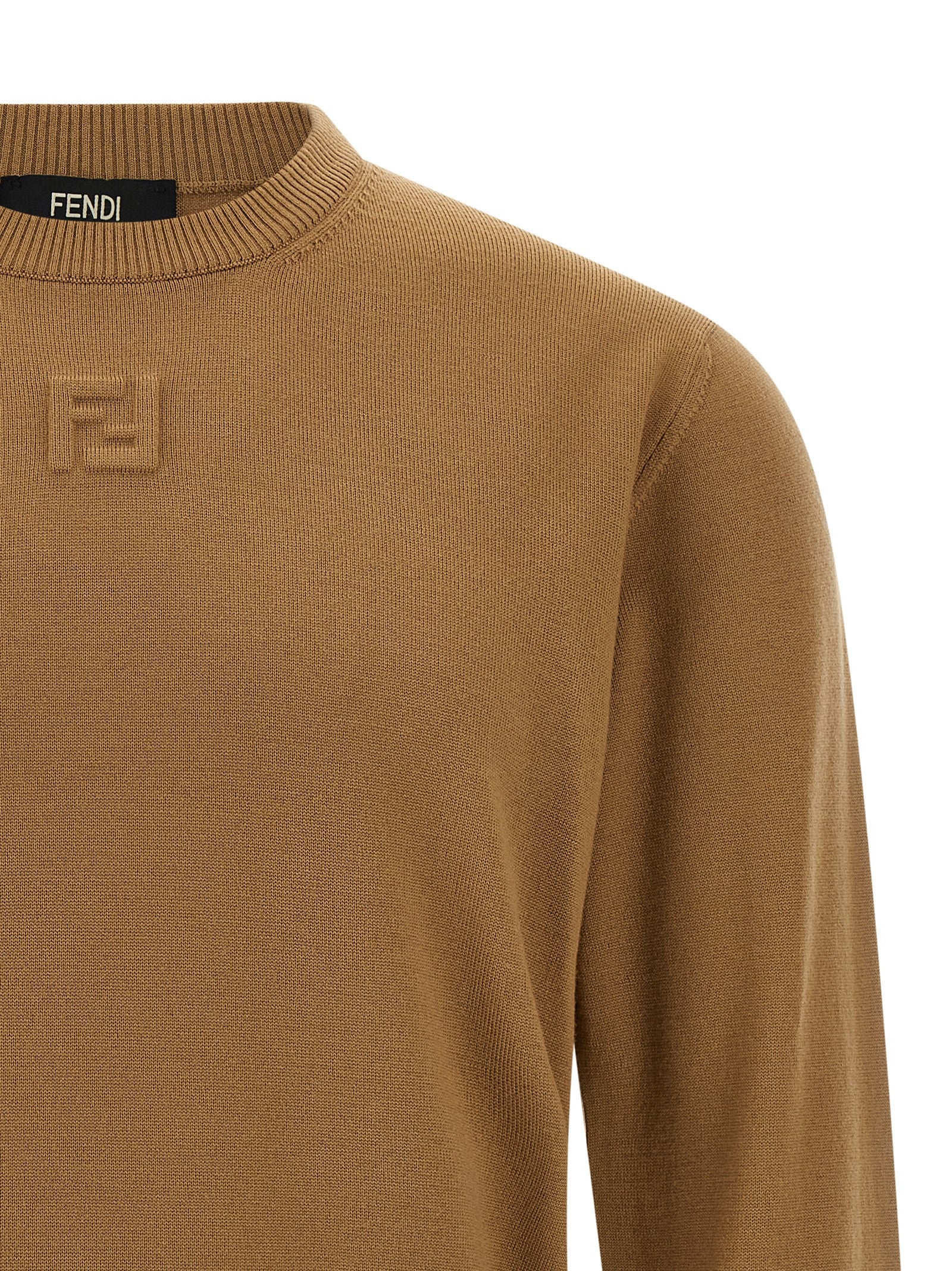 Cardigan by Fendi for men in virgin wool beige features a dramatic silhouette, showcasing a sophisticated crew neckline and dramatic detail for a timeless, premium look.